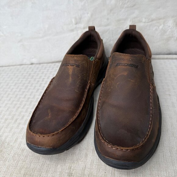 Skechers Mens Relaxed Fit Brown Leather Slip-Ons Size 11 Air-Cooled Memory Foam - Picture 1 of 9